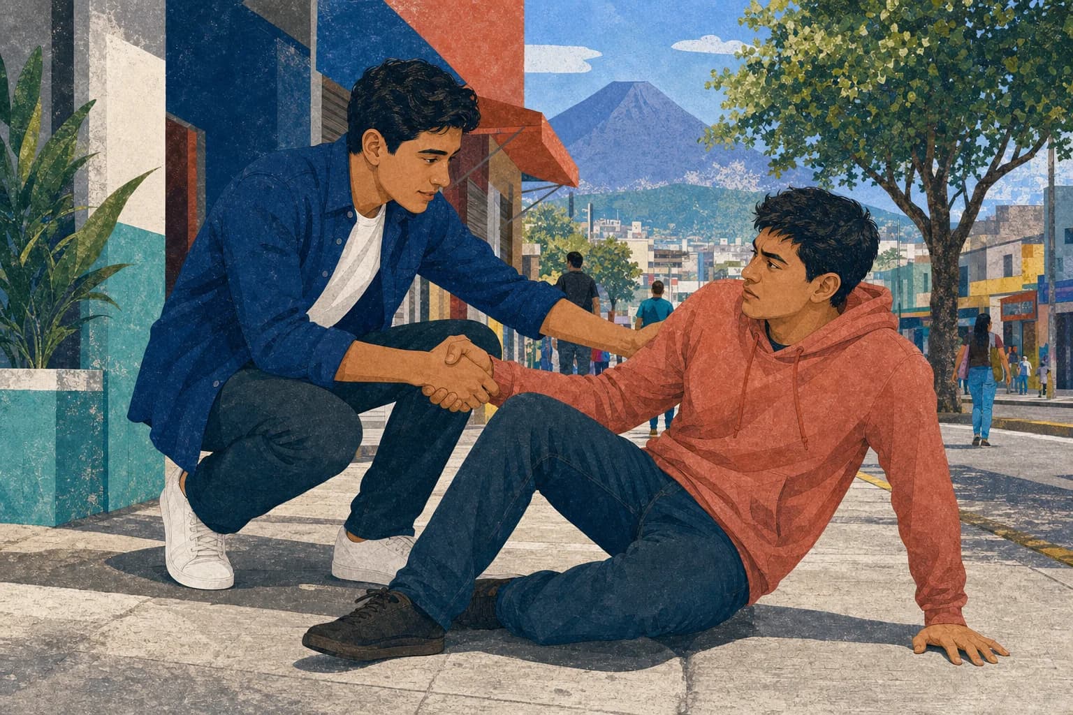 Joven ayudando con gentileza a otro joven que cayó en una acera