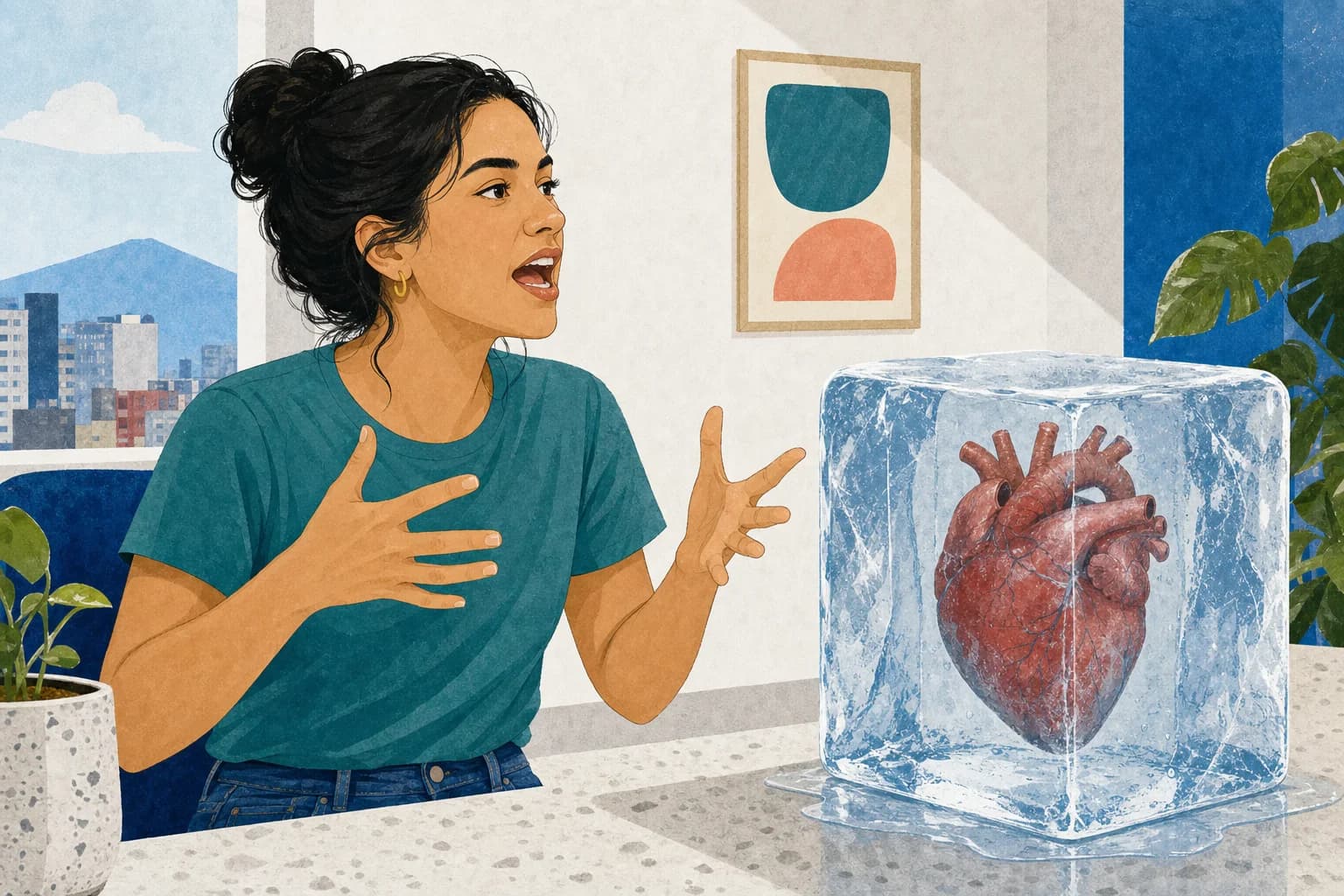 Persona hablando mientras un corazón permanece congelado dentro de un cubo de hielo
