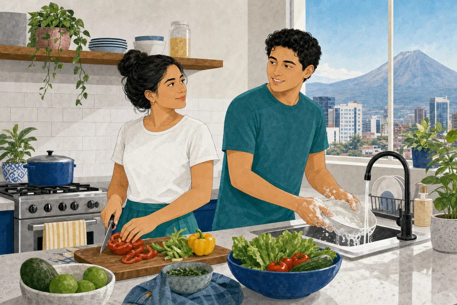 Esposo ayudando en la cocina como una expresión cotidiana de cuidado