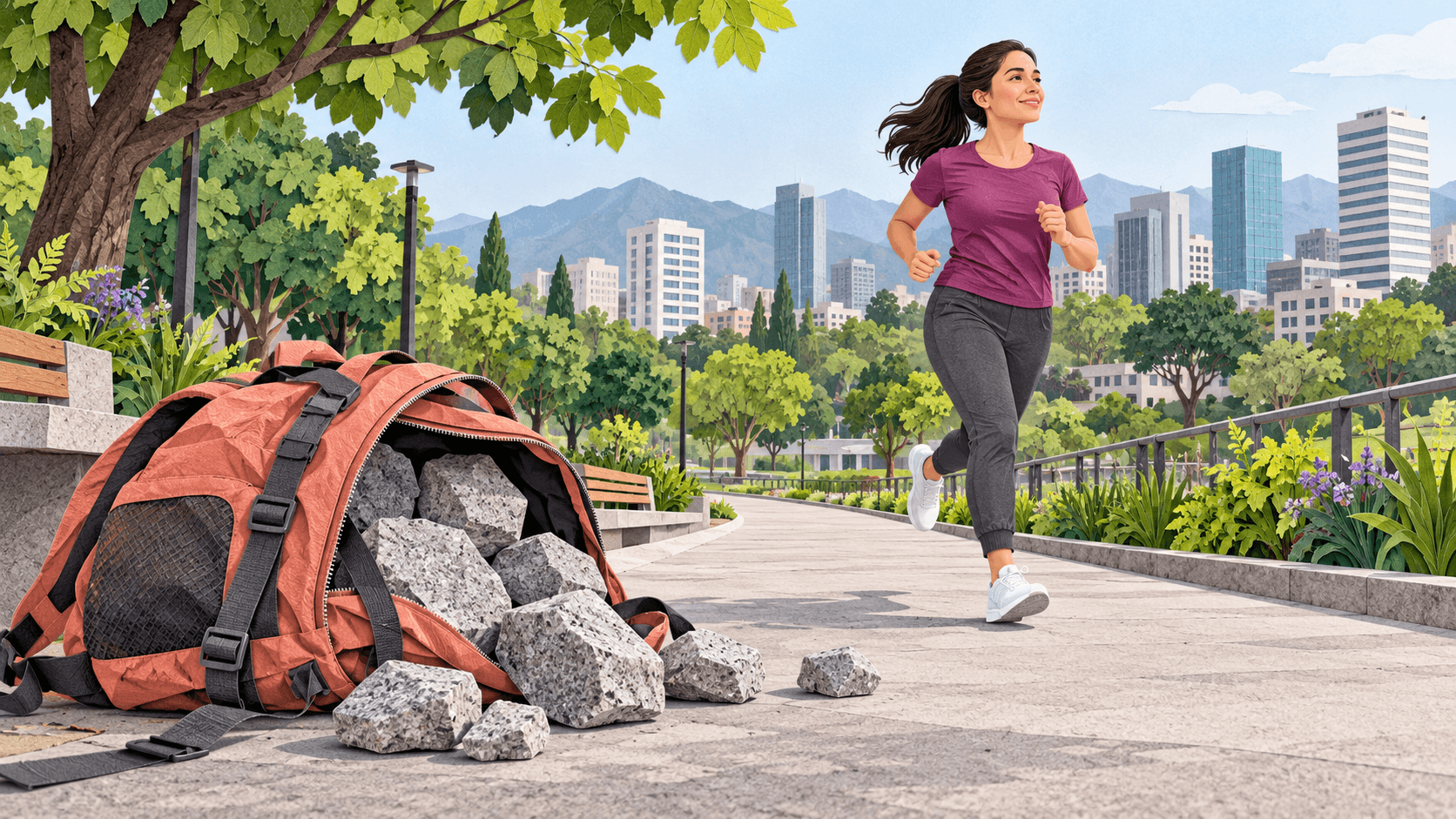 Una mujer corre con libertad por un parque después de dejar en el suelo una mochila pesada llena de piedras